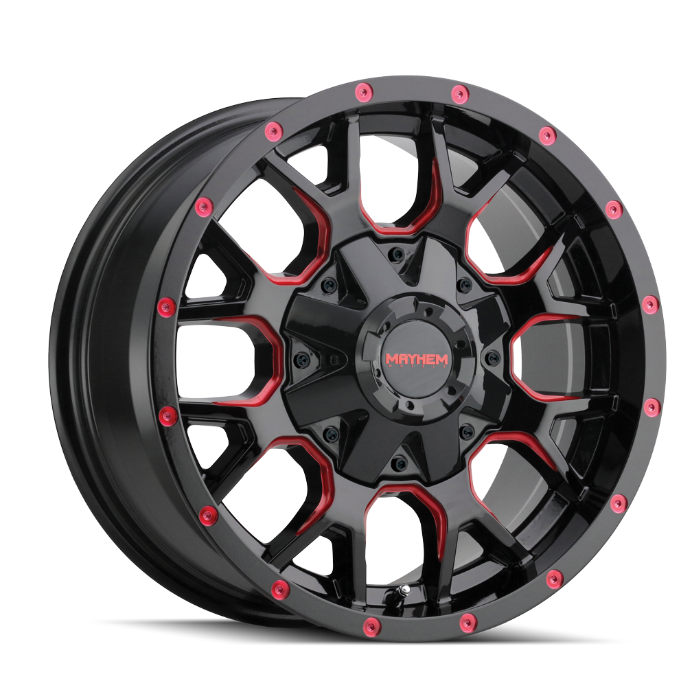 MAYHEM WARRIOR 8015 GLOSS BLACK MILLED PRISM RED 18X9 6-135/6-139.7 18MM 106MM