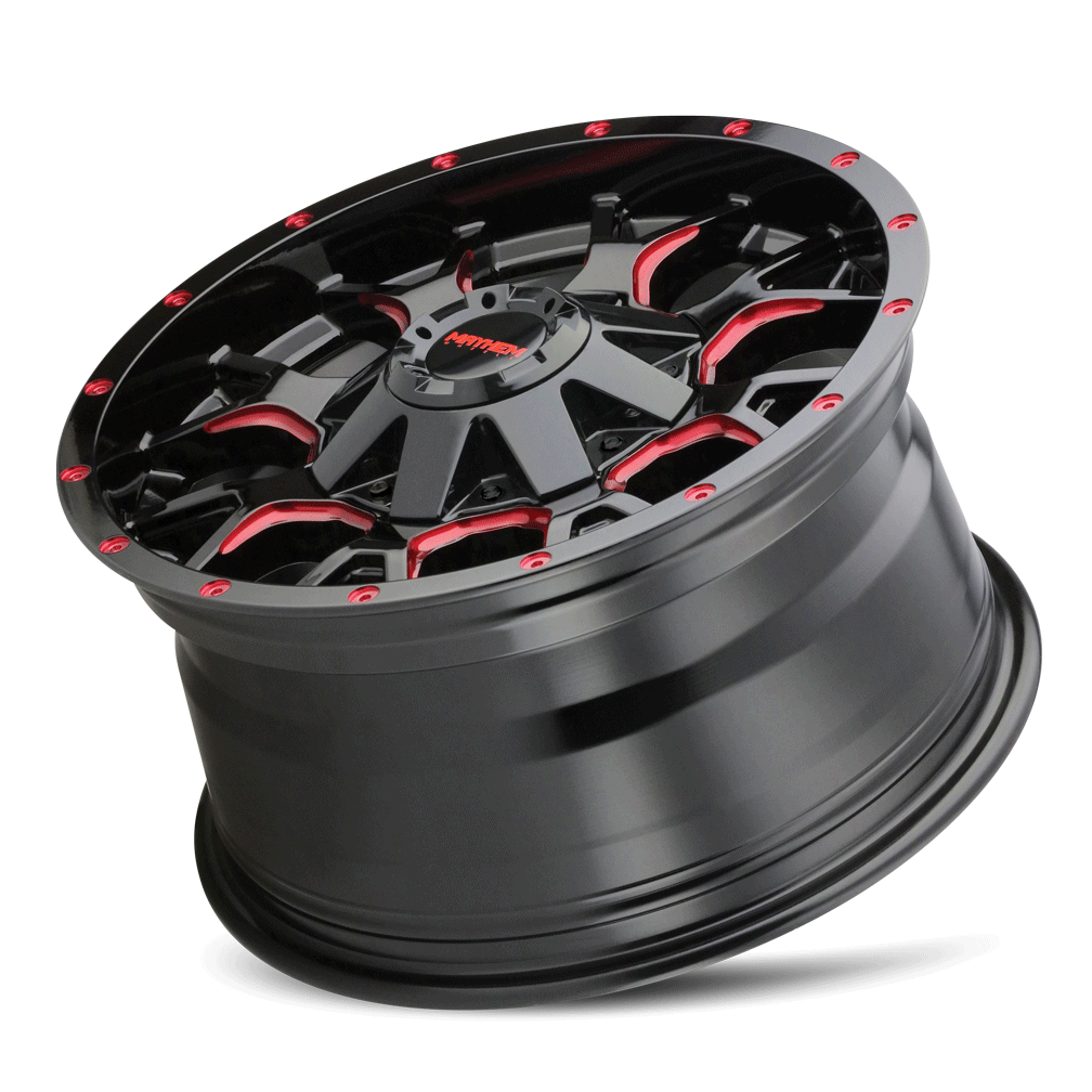 MAYHEM WARRIOR 8015 GLOSS BLACK MILLED PRISM RED 17X9 5-127/5-139.7 18MM 87MM